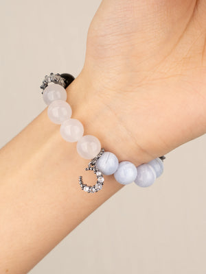 SENLLY Moonlit Purity - Beaded Bracelet with Silver Obsidian, White Agate & Blue Lace Agate, Handmade Natural Stone Jewelry with Crescent Charm for Protection & Emotional Calm