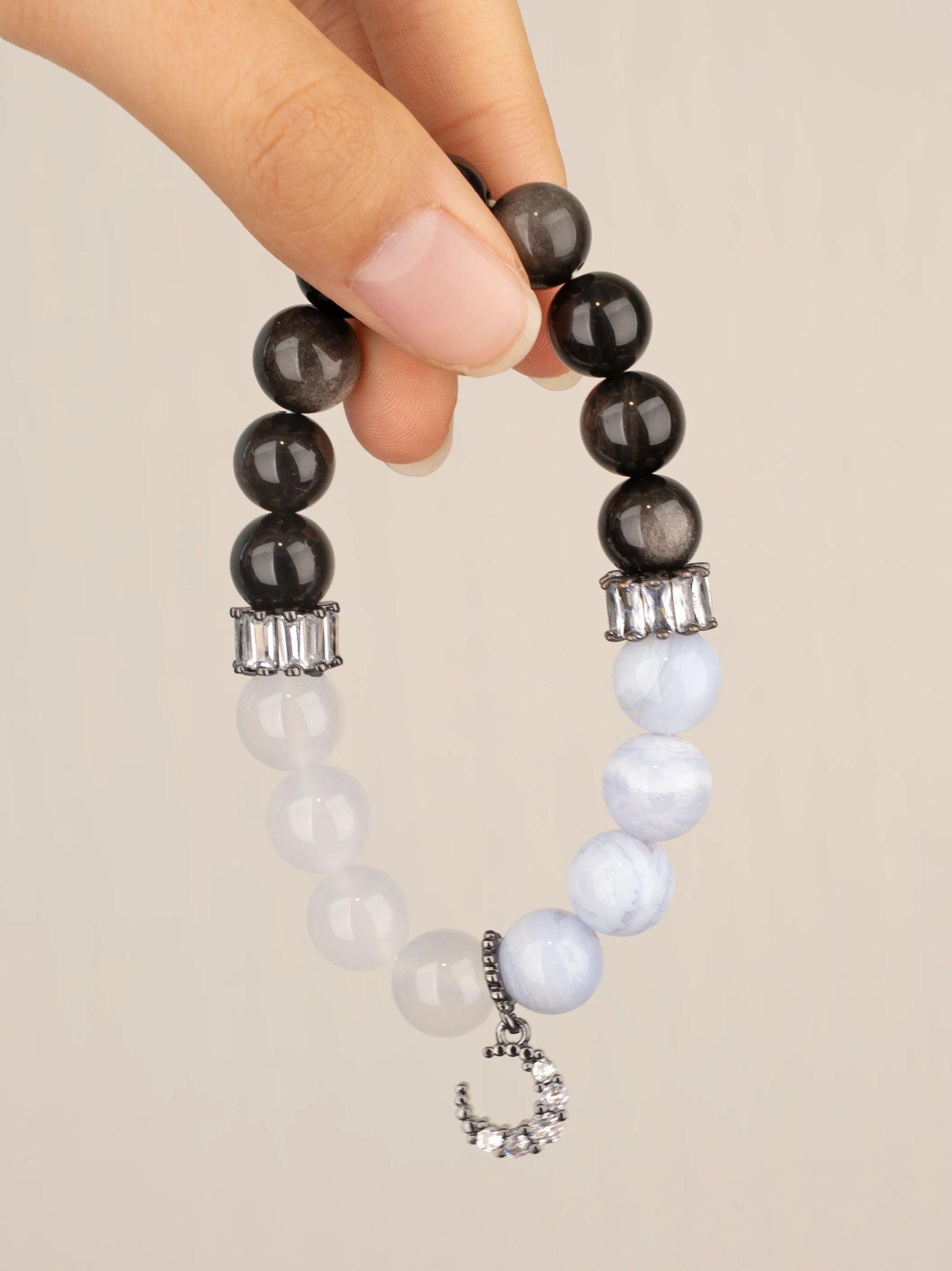 SENLLY Moonlit Purity - Beaded Bracelet with Silver Obsidian, White Agate & Blue Lace Agate, Handmade Natural Stone Jewelry with Crescent Charm for Protection & Emotional Calm