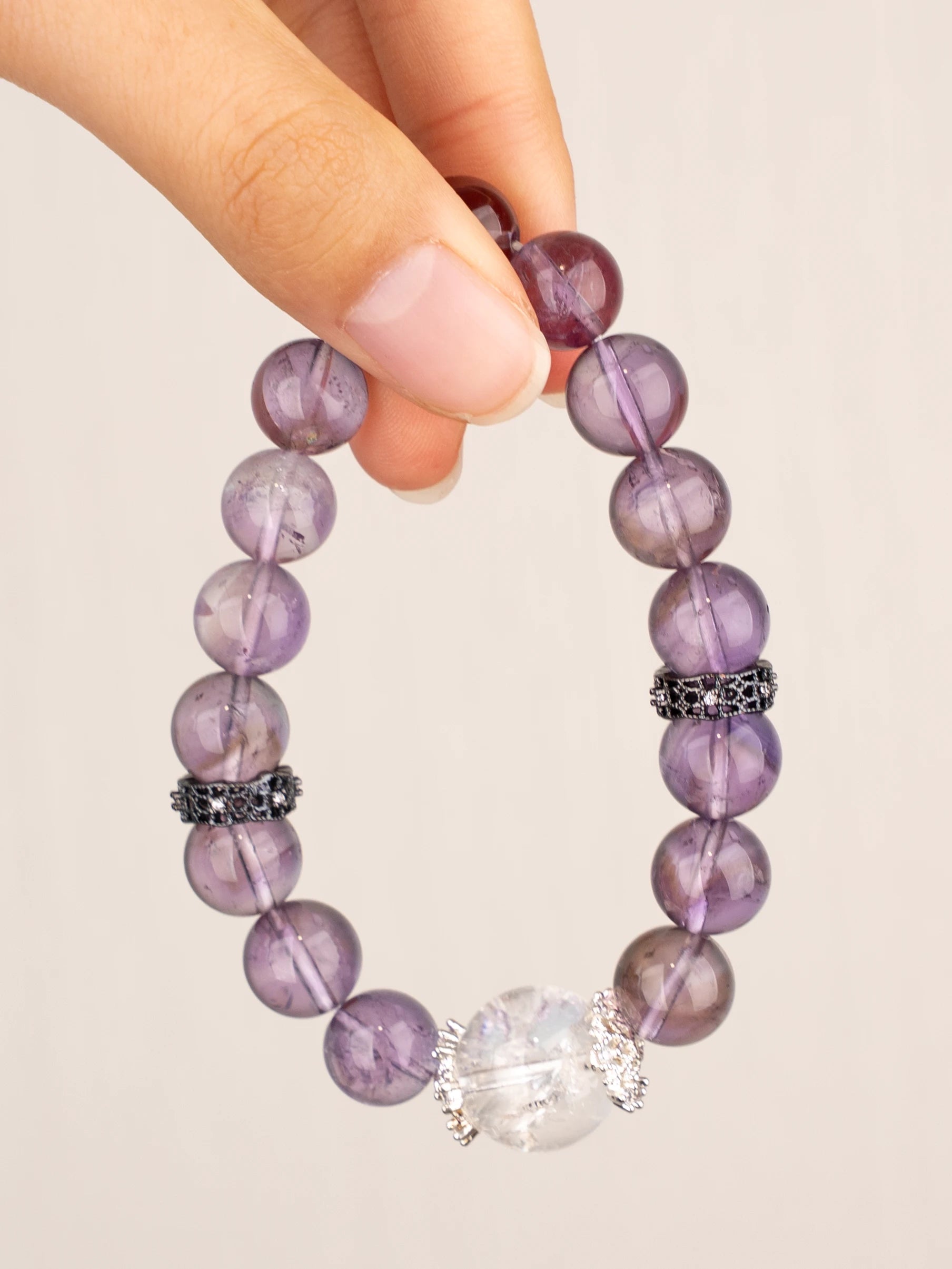SENLLY Lavender Calm - Beaded Stretch Bracelet with Natural Lavender Amethyst & Clear Quartz, Handcrafted Natural Stone Jewelry for Serenity, Clarity & Emotional Balance