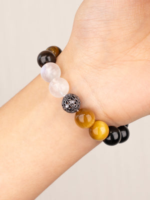 SENLLY Golden Focus - Beaded Bracelet with Tiger Eye, Gold Tiger Eye, Black Agate & White Agate, Handmade Natural Stone Jewelry for Confidence, Clarity & Balance