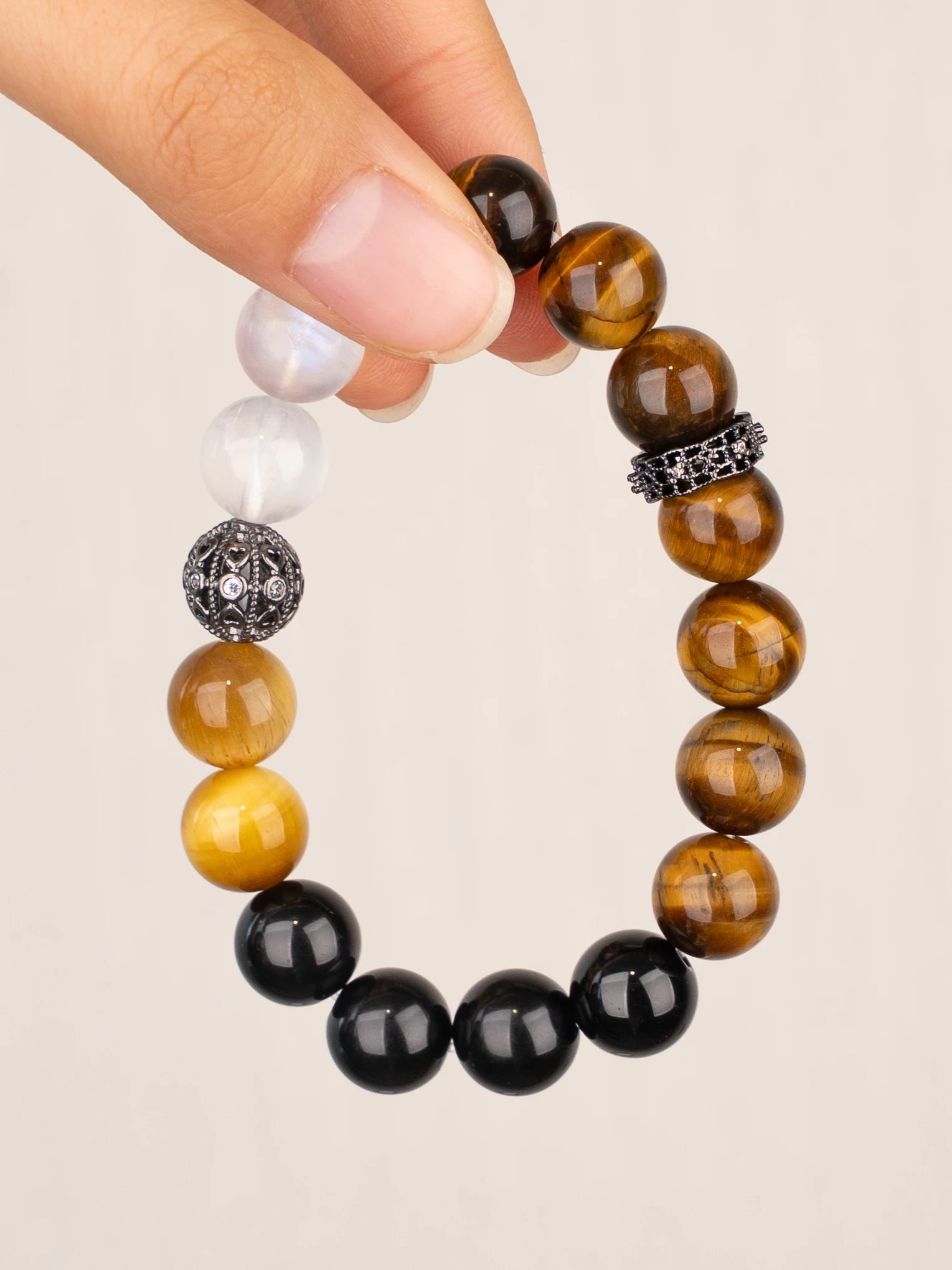 SENLLY Golden Focus - Beaded Bracelet with Tiger Eye, Gold Tiger Eye, Black Agate & White Agate, Handmade Natural Stone Jewelry for Confidence, Clarity & Balance