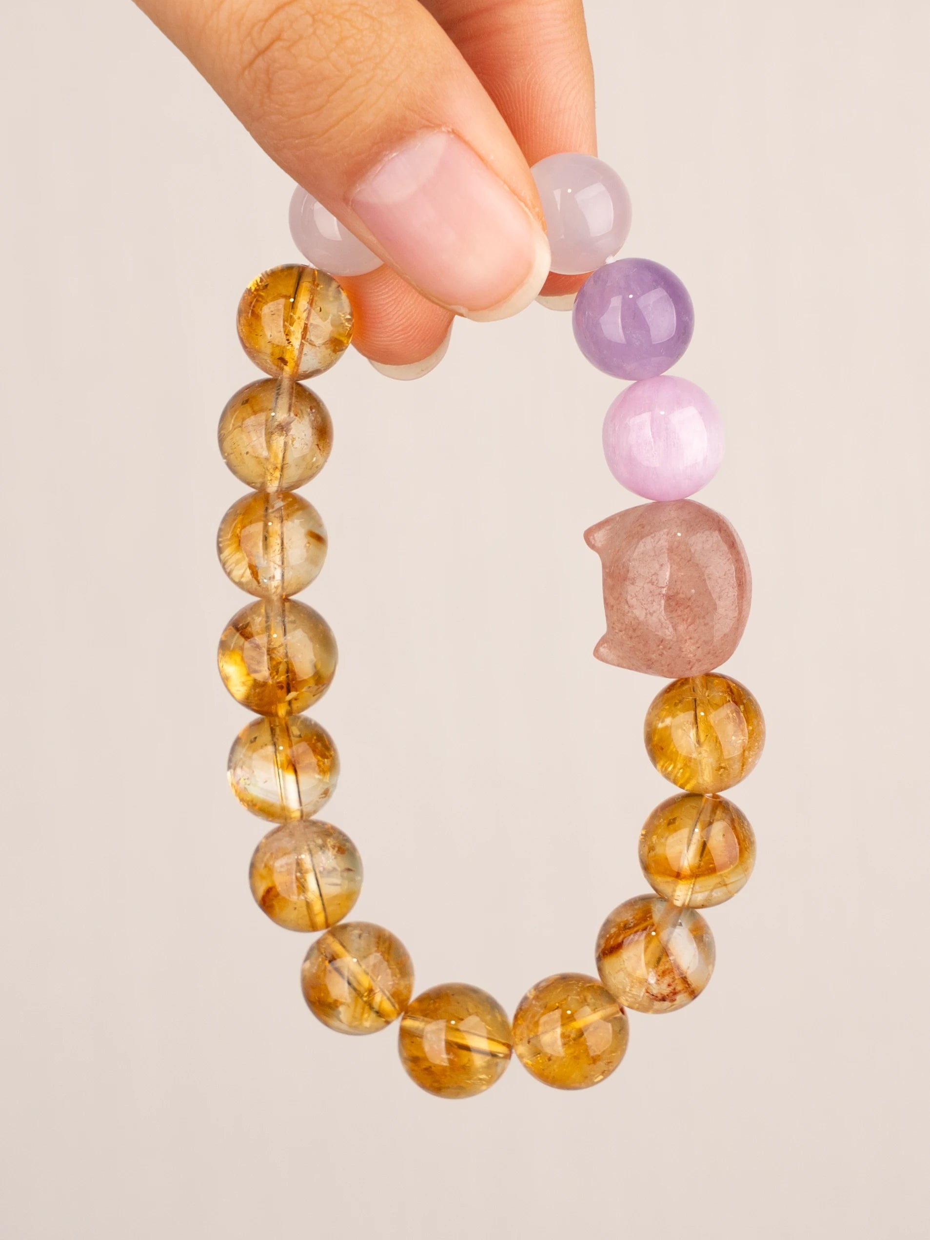 SENLLY Honey Bloom - Beaded Stretch Bracelet with Natural Strawberry Quartz, Citrine & Kunzite, Handcrafted Natural Stone Jewelry for Joy, Love & Emotional Harmony