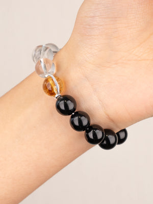 SENLLY Golden Clarity - Beaded Stretch Bracelet with Natural Citrine, Clear Quartz & Black Agate, Handcrafted Natural Stone Jewelry for Strength, Focus & Emotional Balance