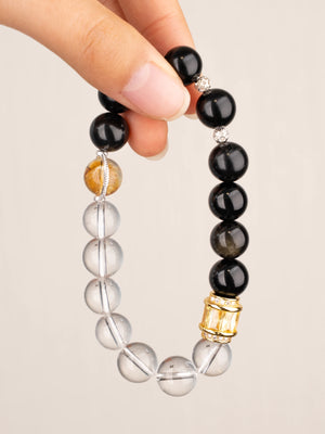 SENLLY Golden Clarity - Beaded Stretch Bracelet with Natural Citrine, Clear Quartz & Black Agate, Handcrafted Natural Stone Jewelry for Strength, Focus & Emotional Balance