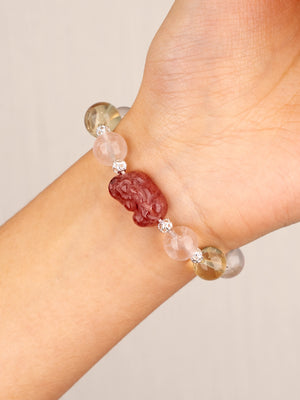 SENLLY Blush Radiance - Beaded Stretch Bracelet with Natural Rose Quartz, Citrine & Pixiu Carving, Handcrafted Natural Stone Jewelry for Love, Optimism & Emotional Harmony