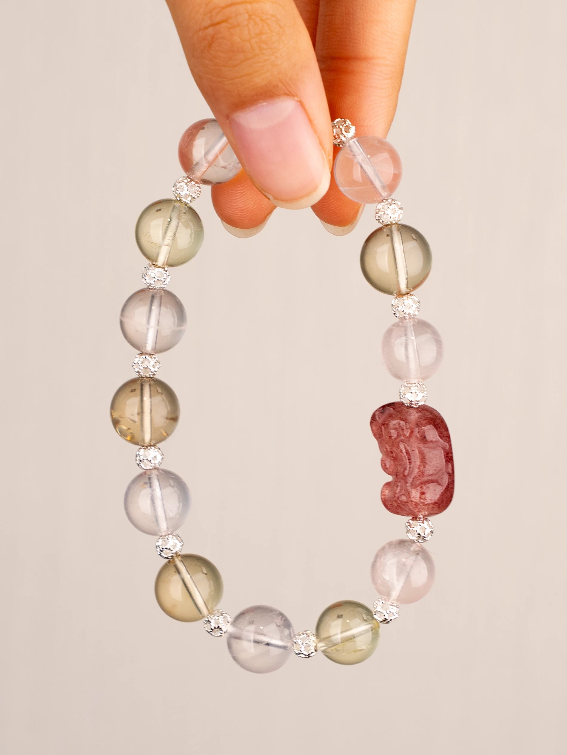 SENLLY Blush Radiance - Beaded Stretch Bracelet with Natural Rose Quartz, Citrine & Pixiu Carving, Handcrafted Natural Stone Jewelry for Love, Optimism & Emotional Harmony
