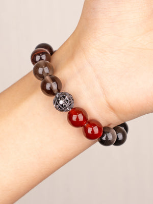 SENLLY Shadow Ember - Beaded Bracelet with Black Agate, Red Tiger Eye, Smoky Quartz, Red Agate & Silver Obsidian, Handmade Natural Stone Jewelry for Strength, Protection & Stability