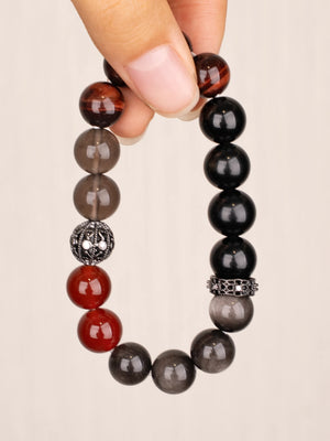 SENLLY Shadow Ember - Beaded Bracelet with Black Agate, Red Tiger Eye, Smoky Quartz, Red Agate & Silver Obsidian, Handmade Natural Stone Jewelry for Strength, Protection & Stability