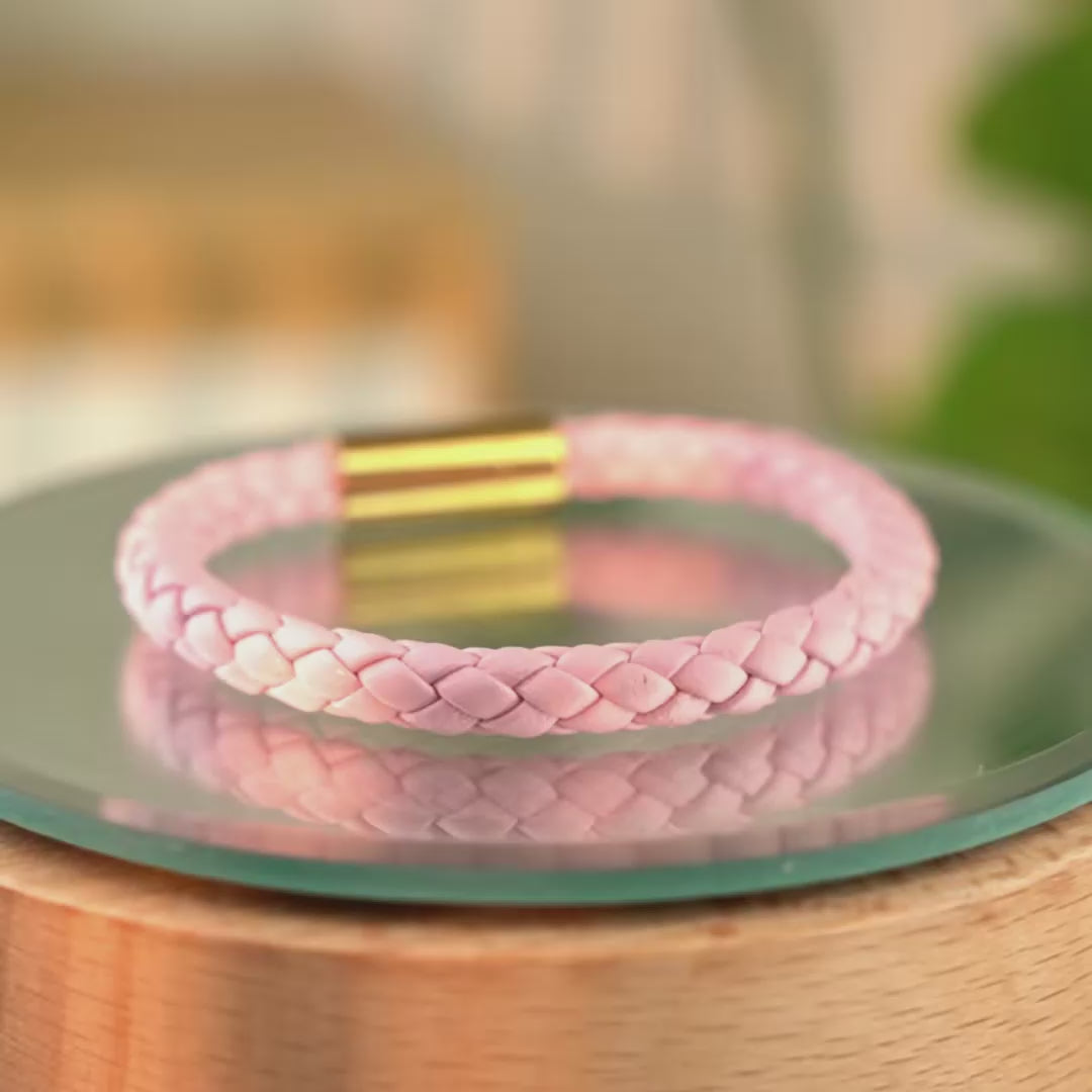 Braided Genuine Leather Pink Bracelet - Straight Tube Gold Magnetic Clasp