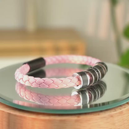 Braided Genuine Leather Pink Bracelet - Straight Tube Black Magnetic Clasp