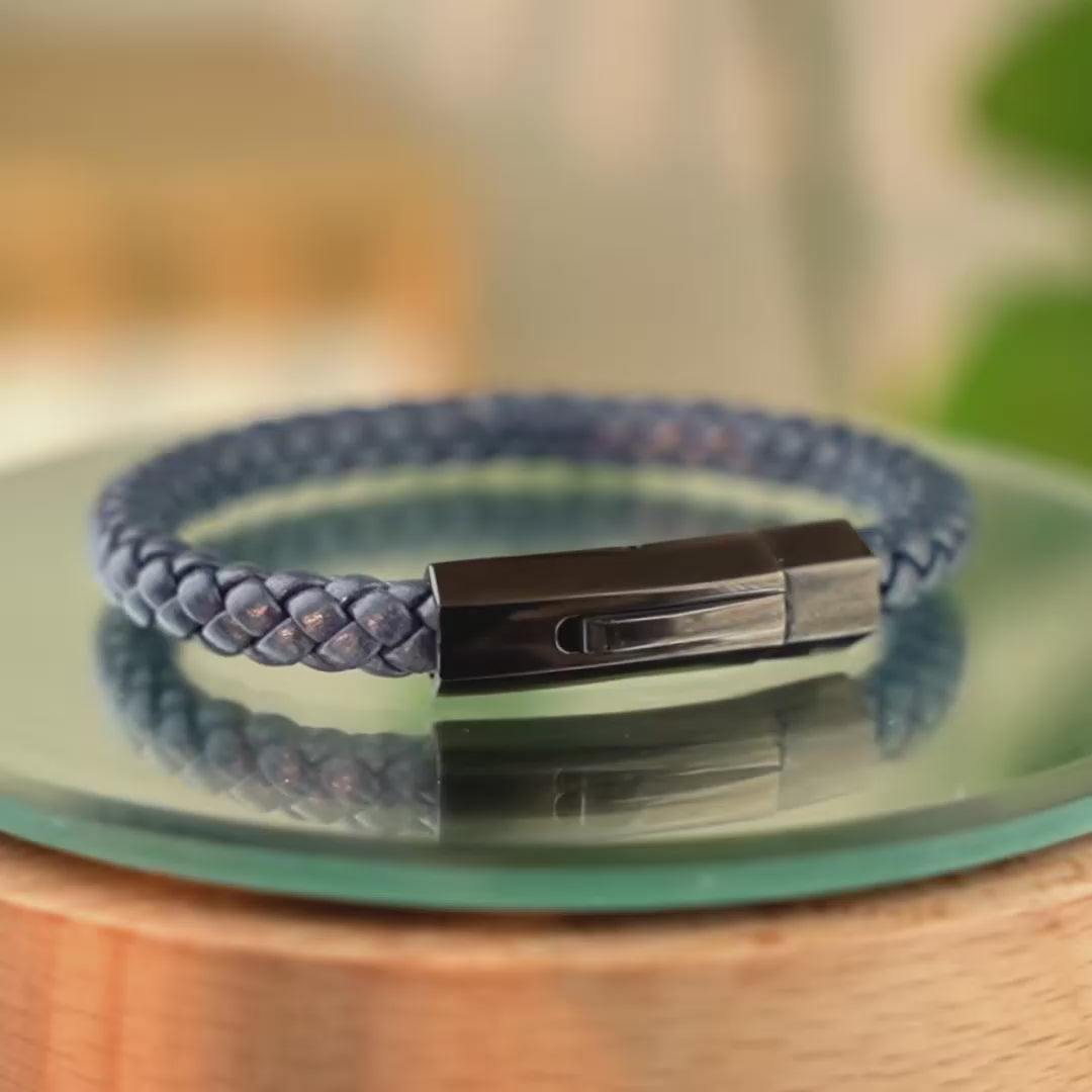 Braided Genuine Leather Blue Bracelet - Hexagonal Arc Black Magnetic Clasp