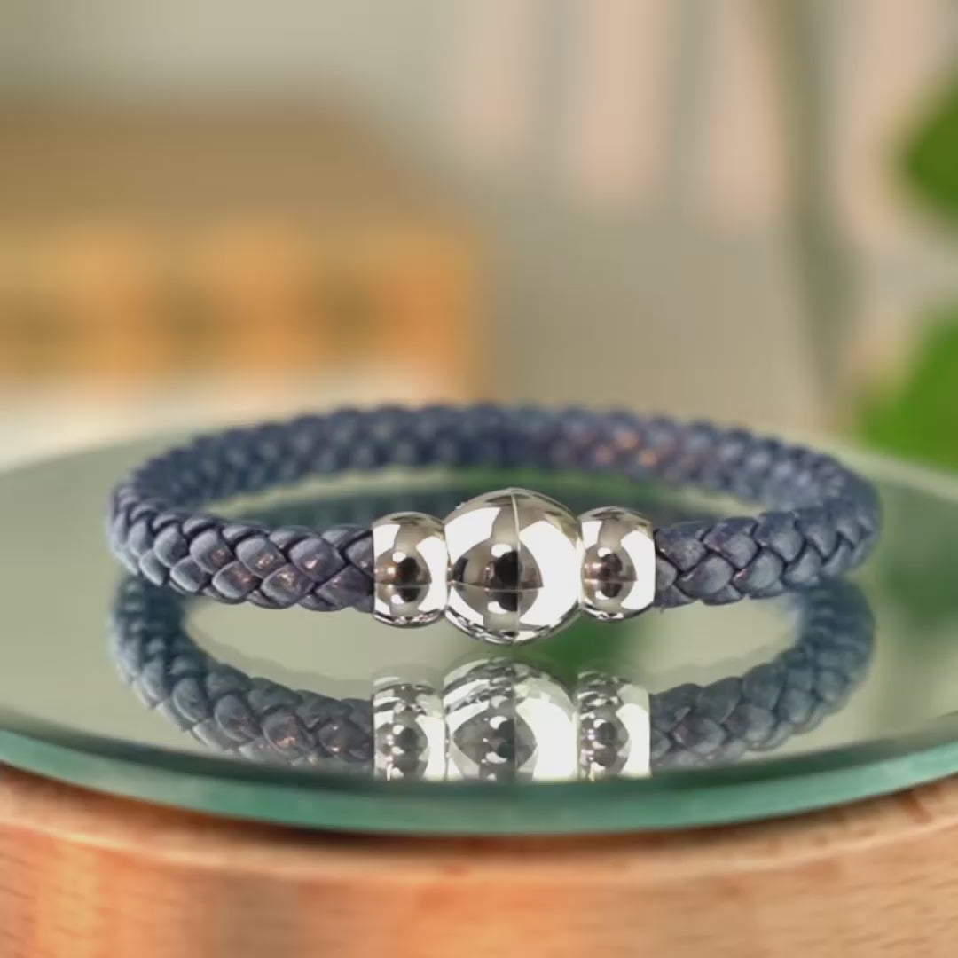 Braided Genuine Leather Blue Bracelet - Gourd Gold Magnetic Clasp