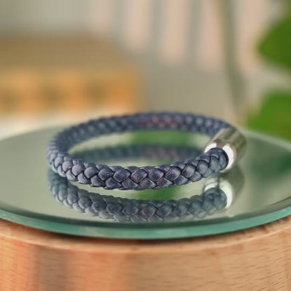 Braided Genuine Leather Blue Bracelet - Capsule Silver Magnetic Clasp