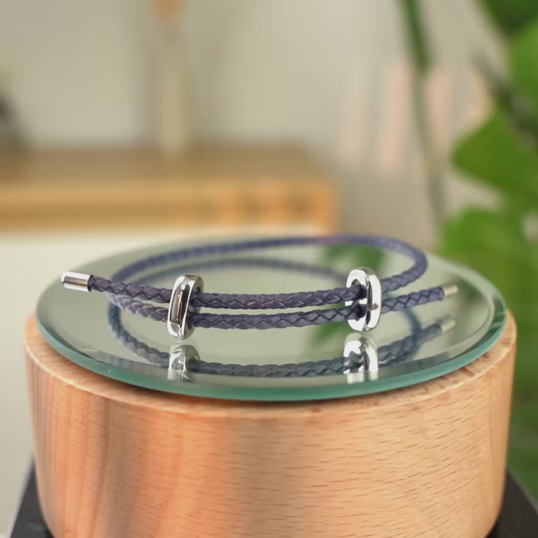 Braided Genuine Leather Blue Bracelet - Silver Adjustable Buckle