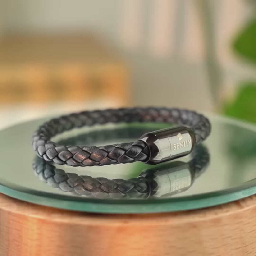 Braided Genuine Leather Black Bracelet - Capsule Black Magnetic Clasp