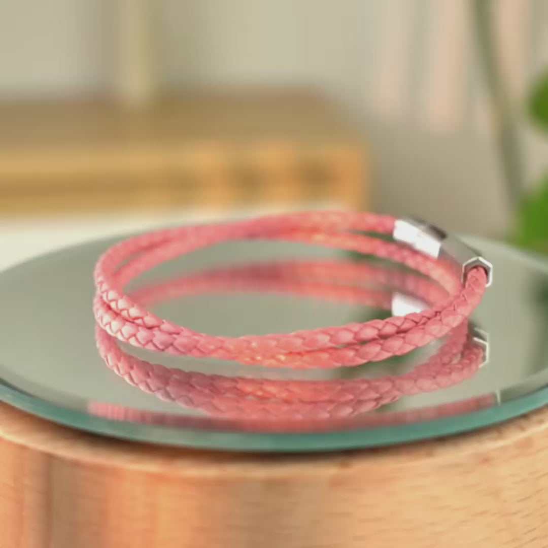 Braided Genuine Leather Pink Bracelet - Hexagonal Arc Silver Snap Button