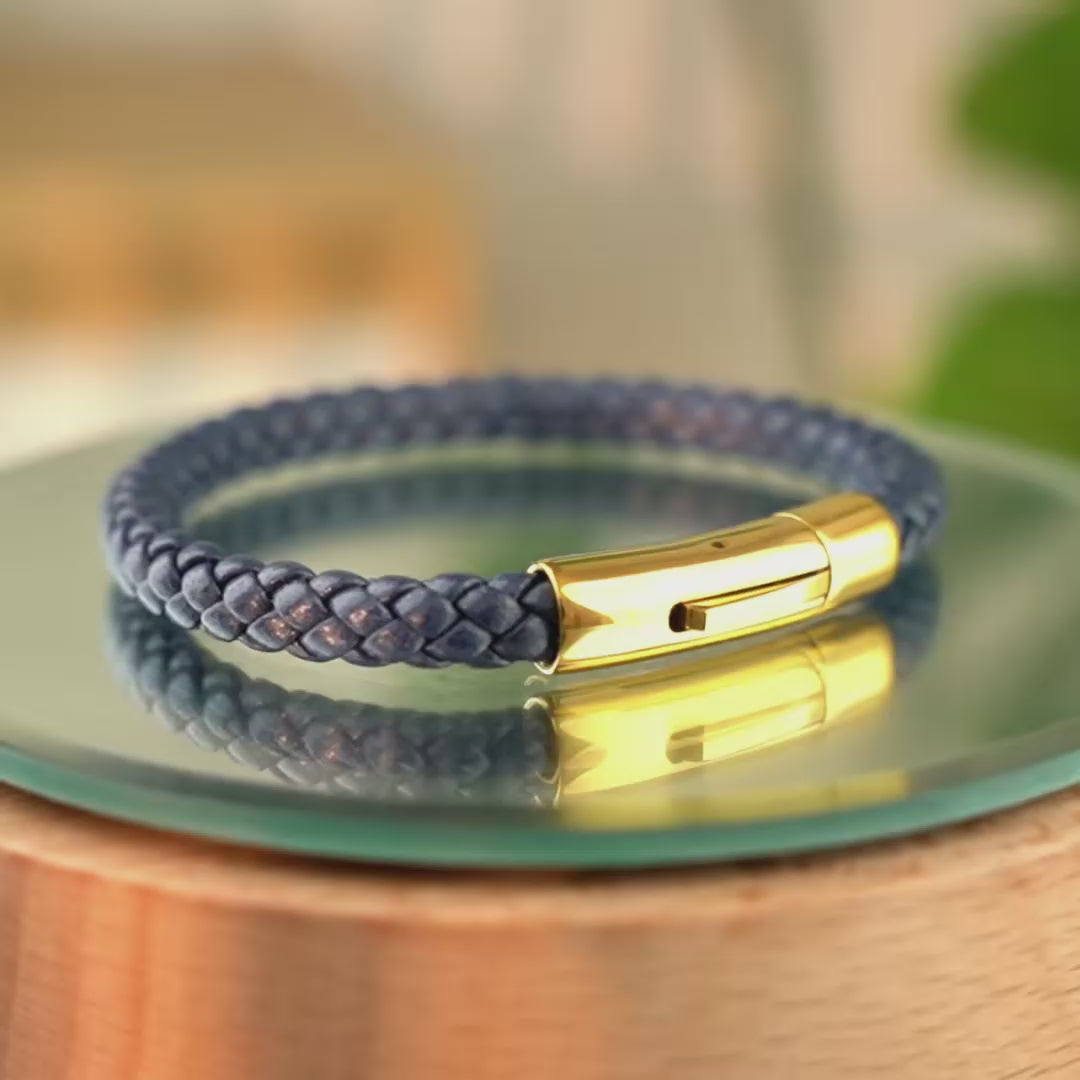 Braided Genuine Leather Blue Bracelet - Curved Button Gold Magnetic Clasp