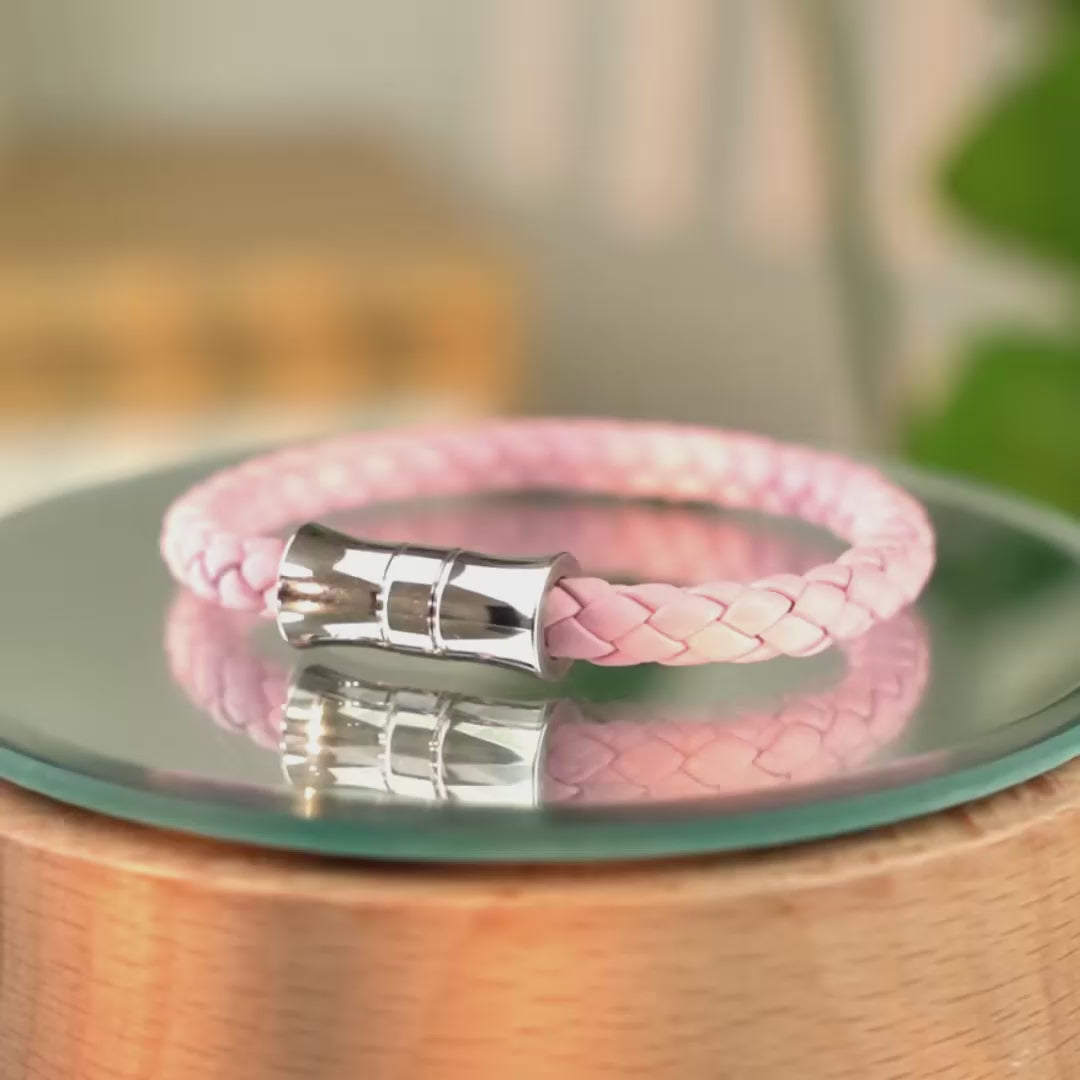 Braided Genuine Leather Pink Bracelet - Bamboo Shaped Silver Magnetic Clasp