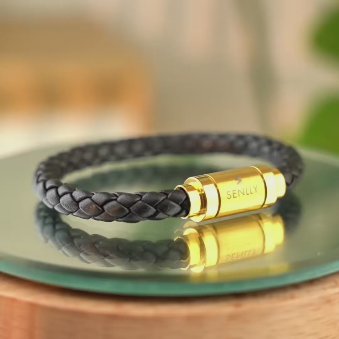 Braided Genuine Leather Black Bracelet - Straight Tube Gold Magnetic Clasp