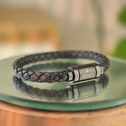 Braided Genuine Leather Black Bracelet - Straight Tube Black Magnetic Clasp