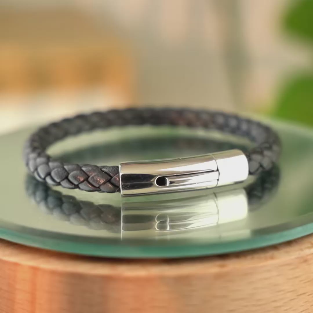 Braided Genuine Leather Black Bracelet - Curved Button Silver Magnetic Clasp
