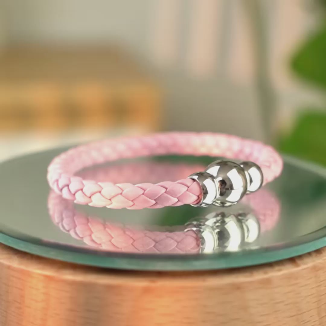 Braided Genuine Leather Pink Bracelet - Gourd Gold Magnetic Clasp