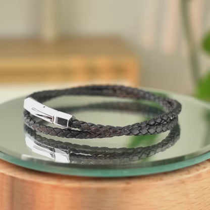 Braided Genuine Leather Black Bracelet - Hexagonal Arc Silver Snap Button
